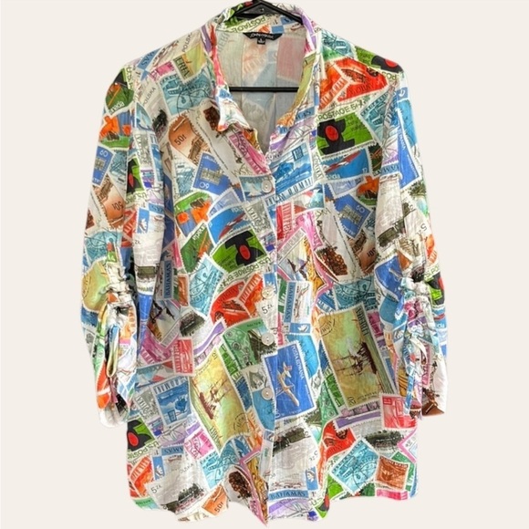 Like New John Mark Travel Postage Ruched Sleeve
Wired Collar Top Size Large - Picture 1 of 8